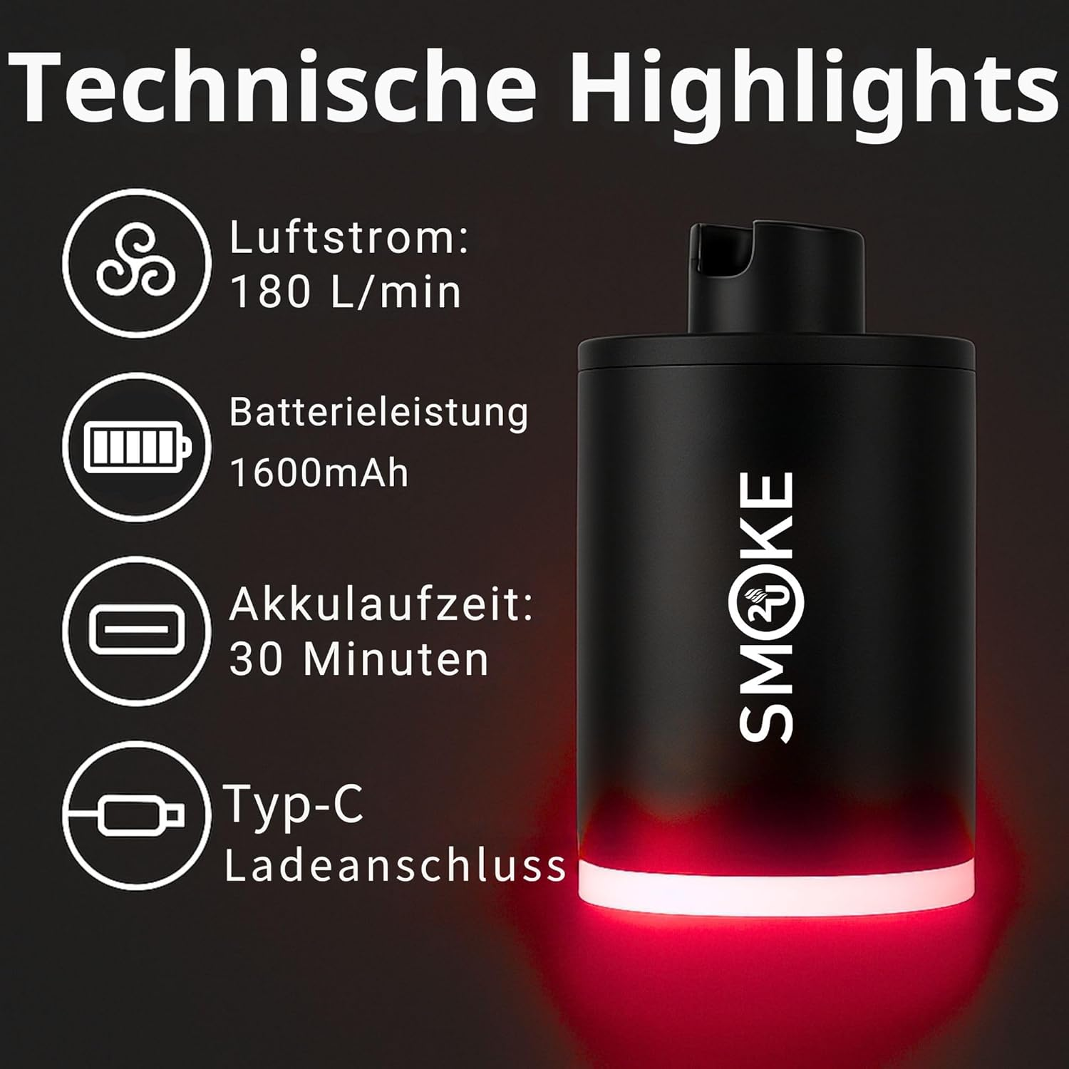 Smoke2u Shisha Anzieher Air Turbo - Schwarz mit LED
