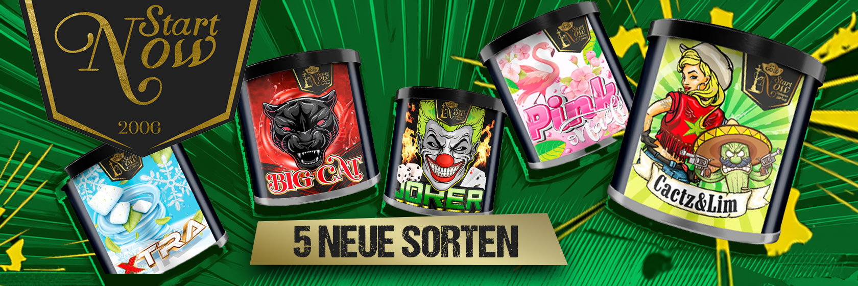 Start Now Neue Sorten 5 Dosen auf grünem Hintergrund Comic Style
