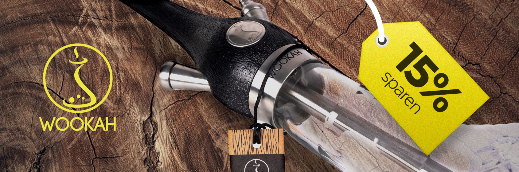Wookah 15%: Shisha auf Holzboden gelbes Label
